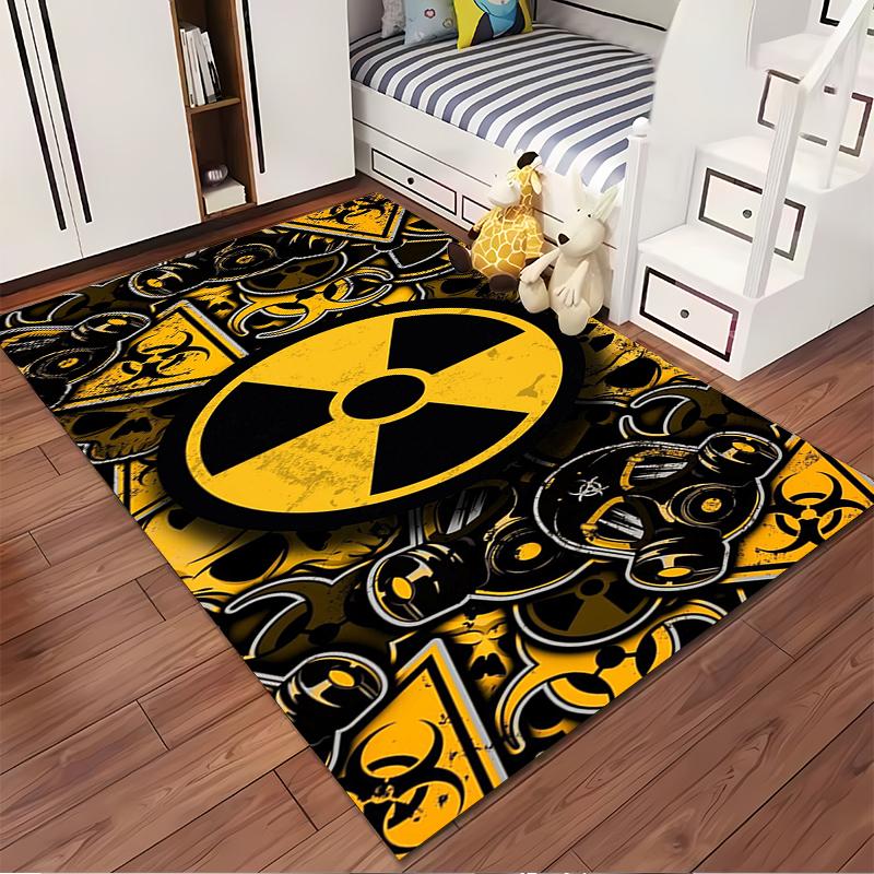 "Yellow Black Radiation Hazard Symbol Rug with Gas Mask Design" Suitable for use as an anti-slip for living room bedroom sofas