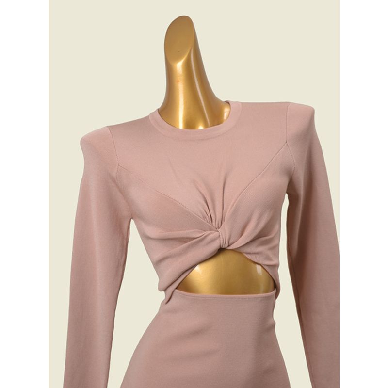 Spanish Brand Sexy Bare Midriff Slim Fit Sexy Bodycon Dress Fashion Wind Pure Color Twist Long Sleeves Knitting Dress