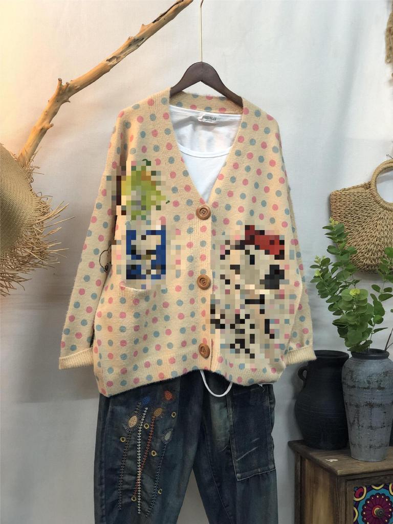 Factory new autumn and winter cute printed imitation mink velvet jacket women's Korean version loose lazy sweater