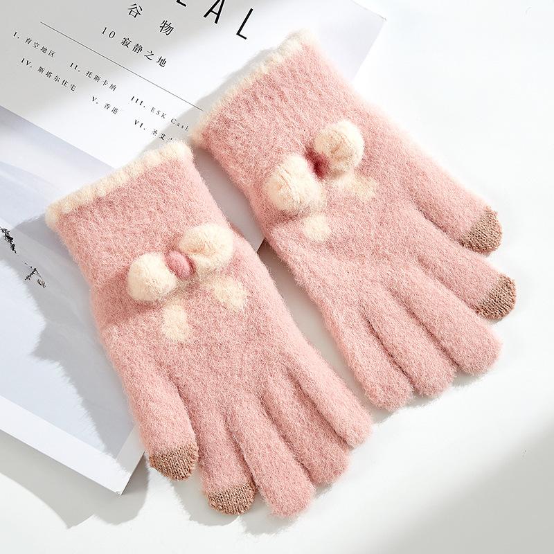 Knitted Touch Screen Gloves for Women, Winter Warm, Thickened and Velvet Five-finger Outdoor Cycling Split-finger Korean Style Gloves