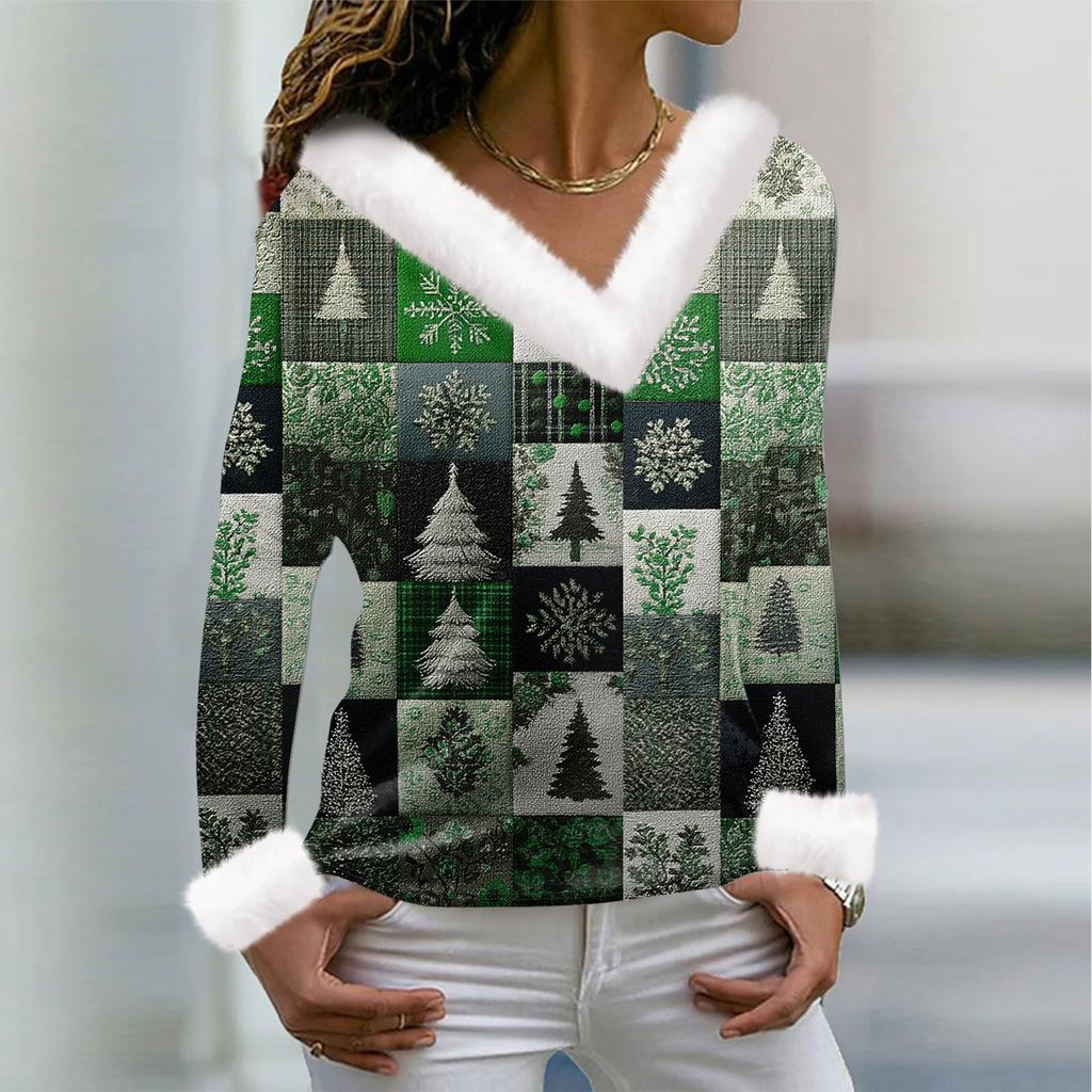 Camiseta de mujer, camiseta navideña, camiseta de manga larga, fiesta, estampado navideño, cuello polar, cuello en V