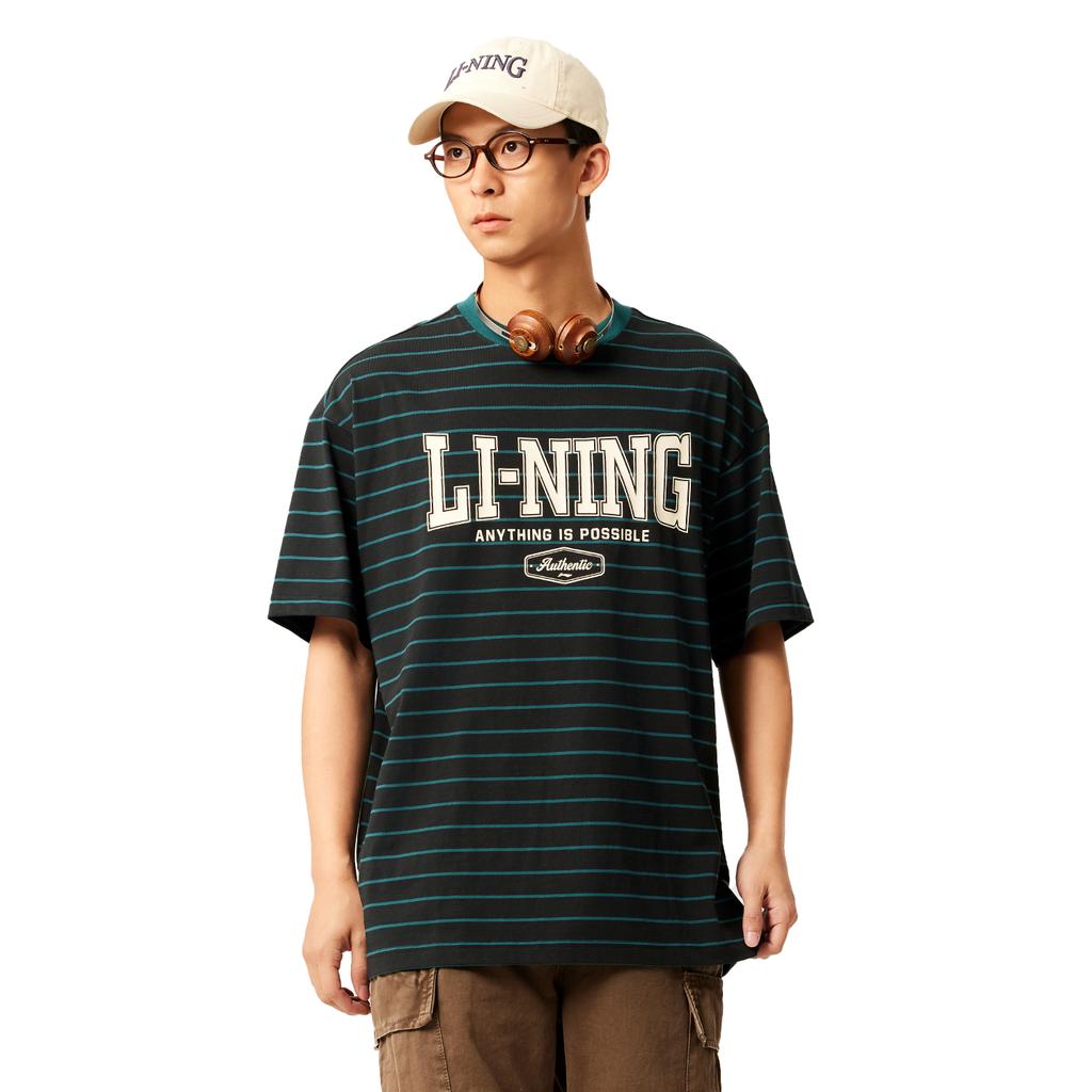 Li-Ning Striped Letter Breathable Versatile Short Sleeve T-Shirt Men Tops Black AHSV281-7