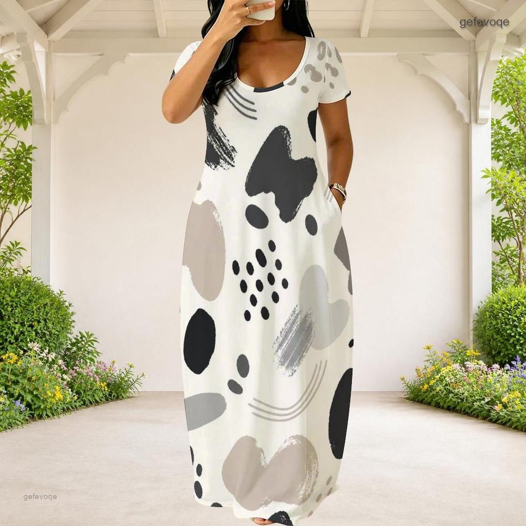Women Plus Size Round Neck Short Sleeve Abstract Printed Loose Maxi Dress With Side Pockets