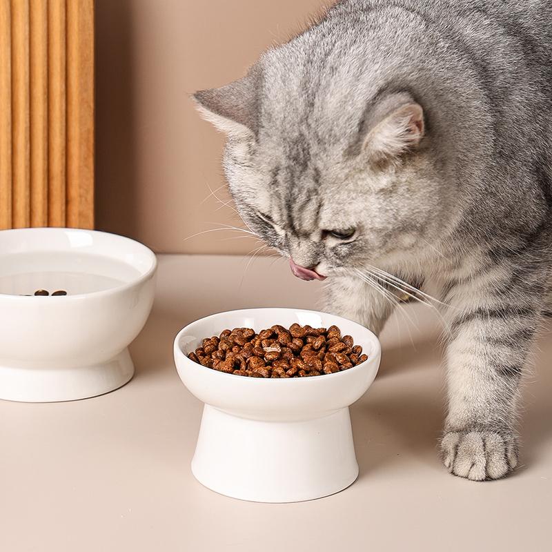 Ceramic Tall Footed Drinking Water Food Bowls, Anti Overturning Neck Protection Flat Mouth Snacks Cat Bowl, Pet Articles, 1Pc
