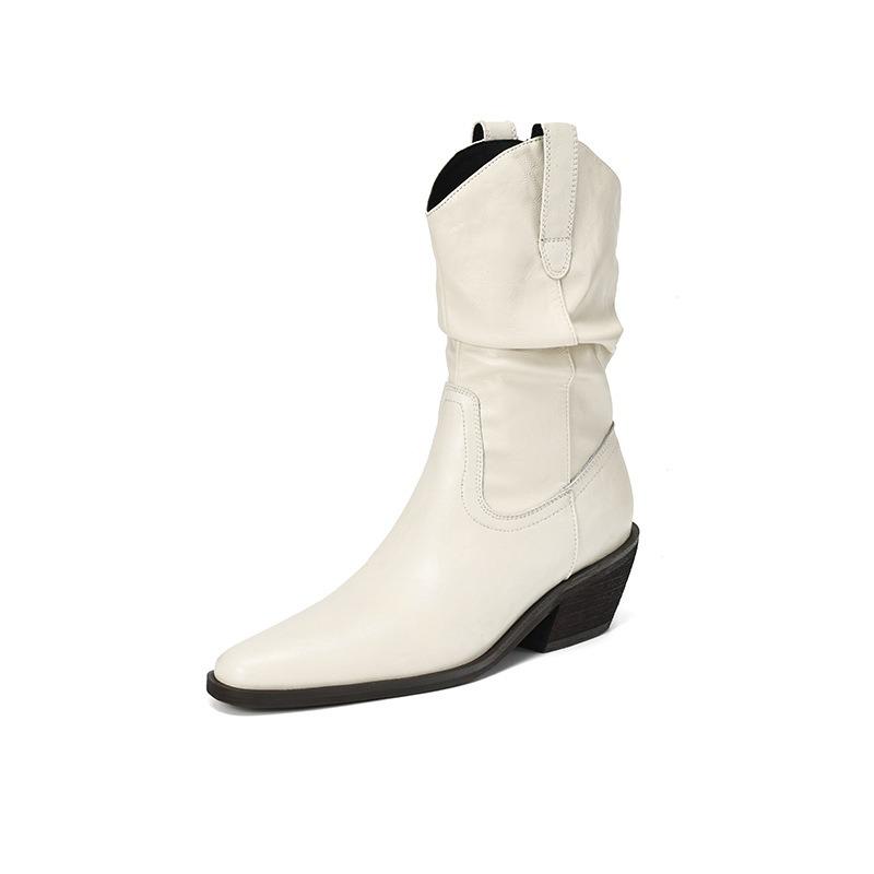 Cowhide Edition Mouth Stacking Boots Thick Heel Skinny Medium Boots Martin Boots Children's Knight Boots Pointed Western Cowboy Boots