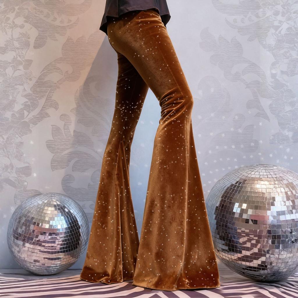 Women's Fashionable Color Vintage Velvet Flare Pants High Waist Stretchy Pant Casual Bell Bottom