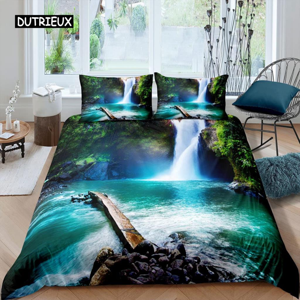 3D Waterfall Duvet Cover Set King Size Microfiber Botanical Floral Trees Pattern Bedding Set Purple Dream Theme Comforter Cover