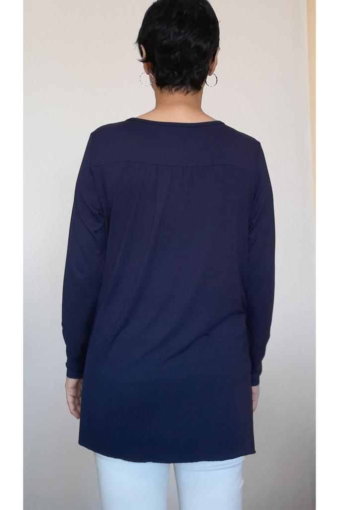 Women's Style Big Size T-Shirt Navy Blue Gathered Combed Cotton Viscose T-Shirt With Cropped Front And Back