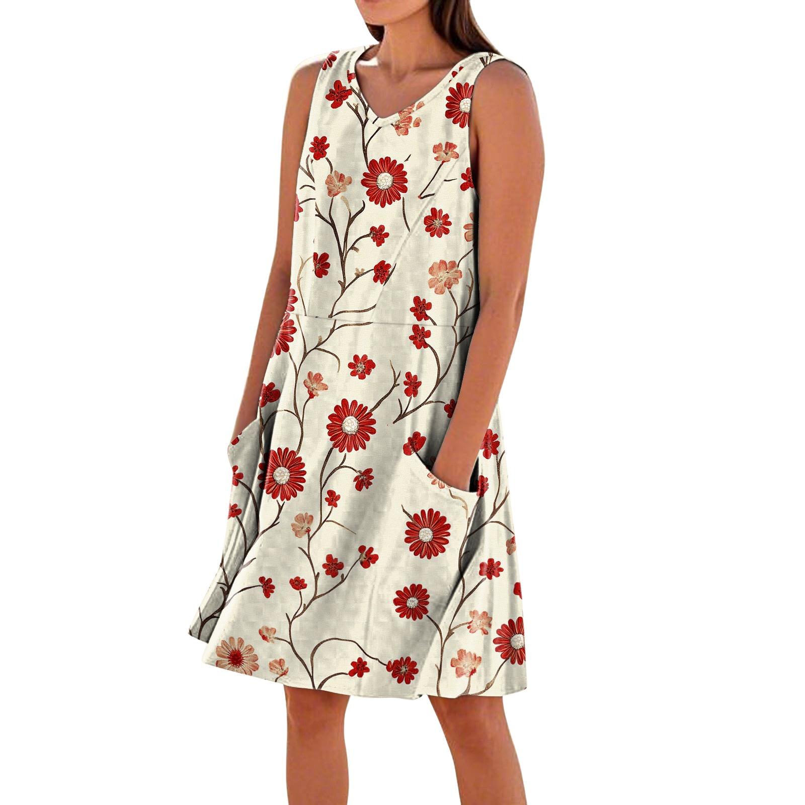 

Sleeveless Floral Print Dress with Pockets Comfortable Fit for Summer Dresses for Women Uk Ladies Summer Dresses Uk XL червоний