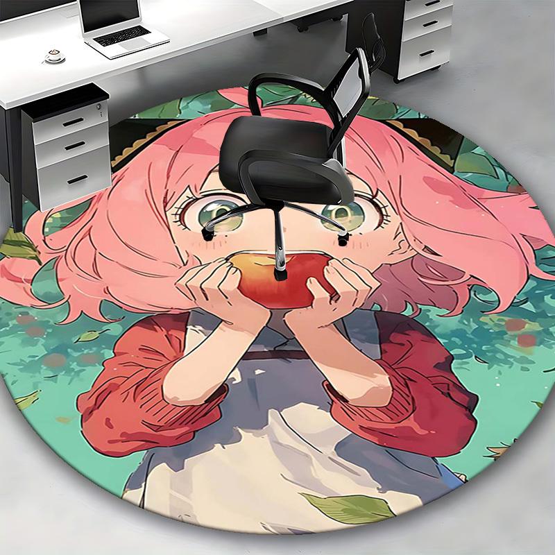 1pc Anime Design Round Carpet Cute Girl Eating Apple with Green Leaves Background, Office Chair Mat, Non Slip Rug, Living Room, Bedroom, Game Room