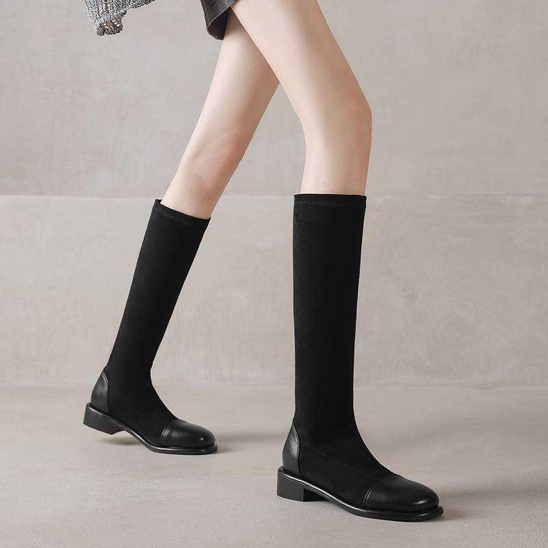 Krazing Pot Microfiber Autumn Winter Shoes Low Heels Size 43 Long Boots Half Boots Zip Stretch Thigh High Boots