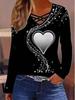 Damen T-Shirt mit Herzmuster und überkreuzten Trägern, Langarm