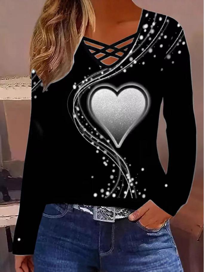 Damen T-Shirt mit Herzmuster und überkreuzten Trägern, Langarm