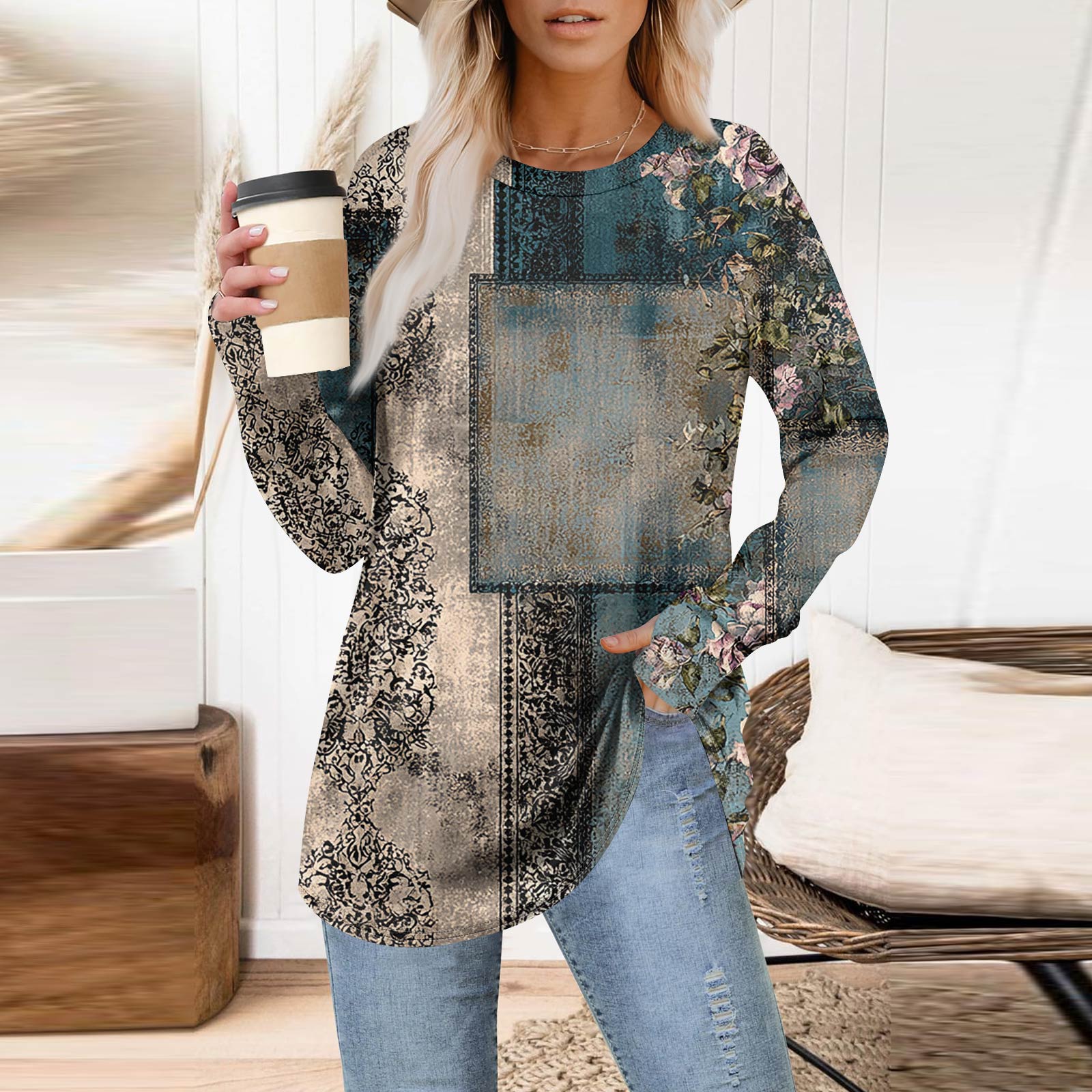 

Женская толстовка большого размера с графическим принтом, длинный рукав, спущенное плечо, круглая рубашка, топы, винтажная одежда XL