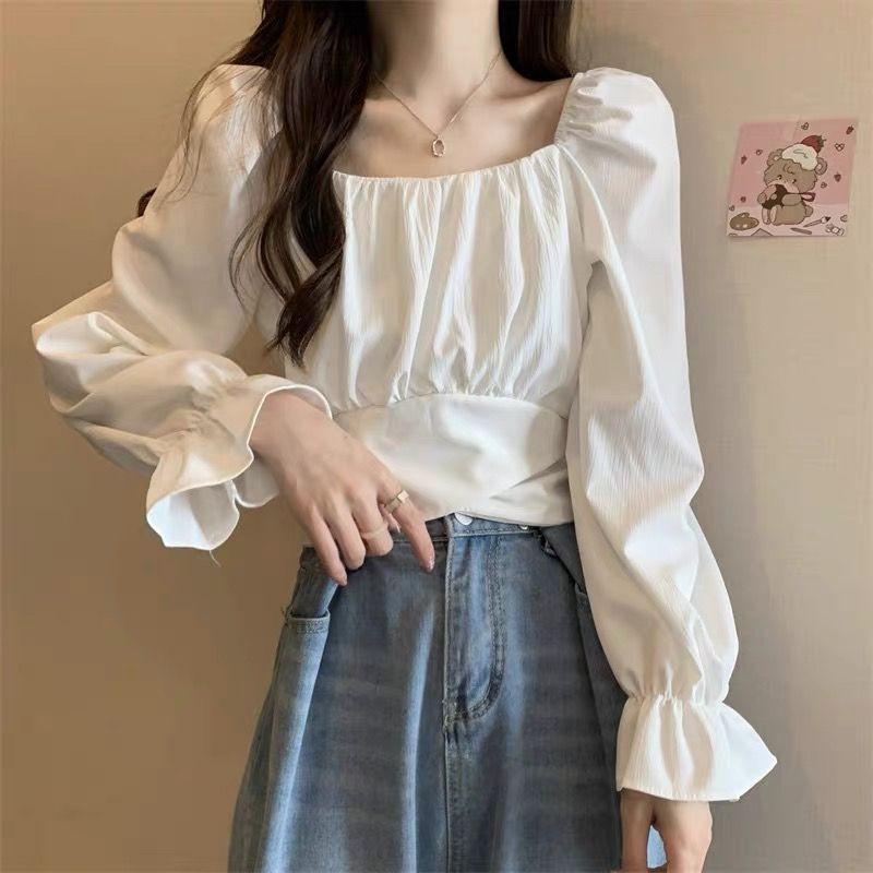 

Офисная женская милая блузка с открытыми плечами, осень 2023, однотонные топы, модные женские рубашки, свободная одежда с длинными рукавами 28194