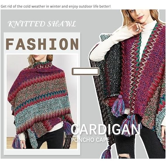 Shawl Wraps for Women Boho Knit Poncho Ladies Rainbow Casual Loose Striped Fringe Blanket Scarf