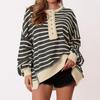 Women's Fashion Striped Round Neck Long Sleeve Button Top Color Blocked  Pullover Sweatshirt Top