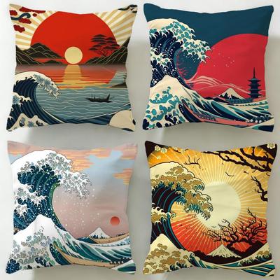 Klassisches Kunstmotiv Japanische Wellen Kissenbezug Weich & Leicht zu Waschen – Vielseitig für Sofa, Bett, Reisen und Büro