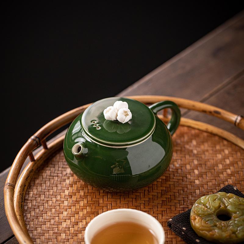 Grandmother Green Glaze Ceramic Plum Blossom Teapot Handmade Single Pot Household Tea Brewing Kung Fu Teapot with Filter Ball Hole Breaking Teapot