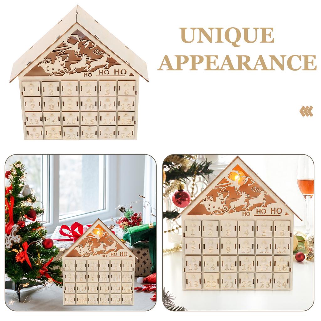 Hölzerner Adventskalender 24 Schubladen LED Beleuchtung Countdown Weihnachten 2026 Nachfüllbar Rustikal Tischdeko Dorf Dekoration