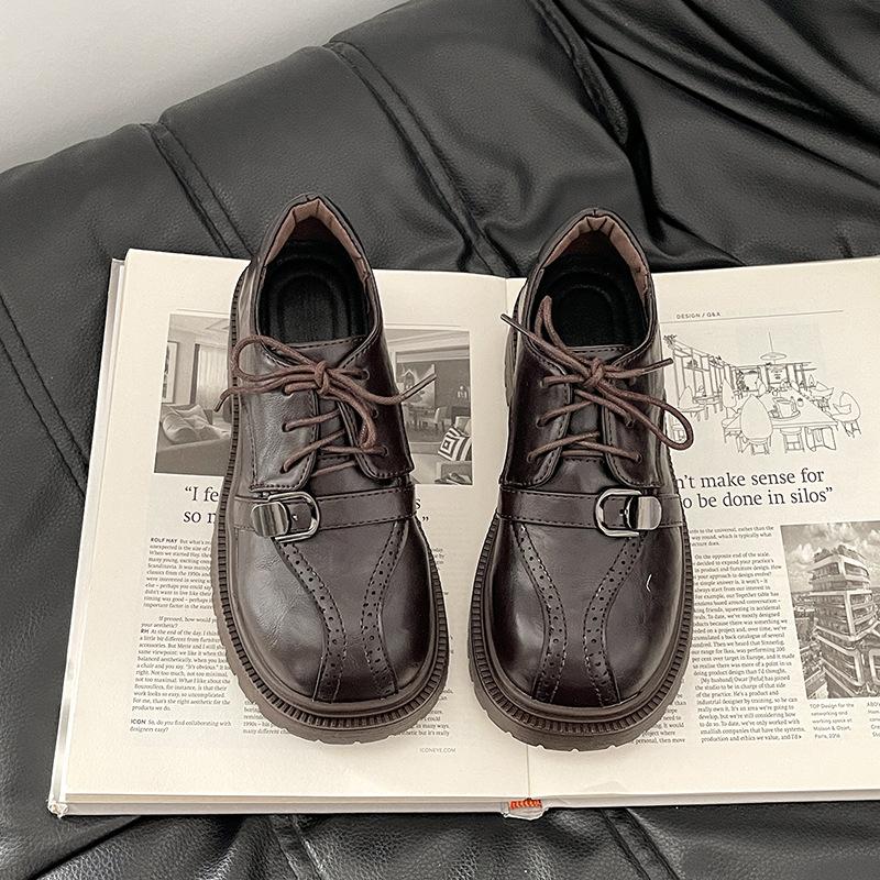 British style thick heel high heel small leather shoes women's summer fashion retro lace-up skirt single shoes thick sole shallow mouth loafers