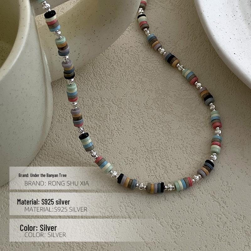 Stříbrný náhrdelník Banyan Tree S925 s korejskými korálky pro ženy - Trendy barevný vrstvený řetízek na klíční kost