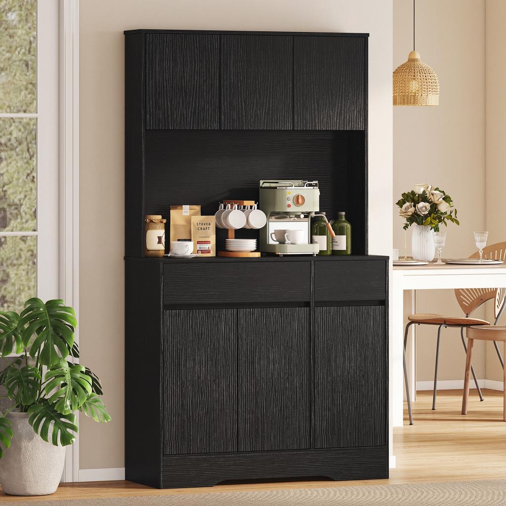 Credenza da cucina a buffet con piano di lavoro, 6 ante, Armadio alto contenitore con ripiani, Nero