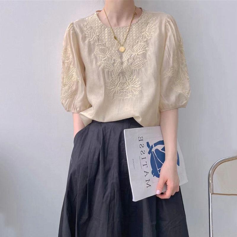 

Повседневные свободные топы с рукавами-пузырьками, модные шелковые женские блузки с вышивкой и круглым вырезом, летние шифоновые рубашки с цветами, белые блузки 15614 L абрикосовый