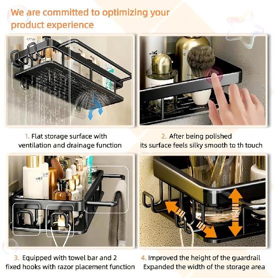 2 - Pack Aluminum Shower Caddy With 2 towel bars and 4 fixed hooks,No Drill Wall Mount Adhesive shower shelves for inside shower,Black Rustproof