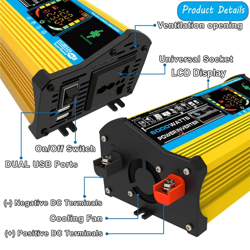6000W 3000W Car Inverter Modified Sine Wave Voltage Transformer Power Converter DC 12V To AC 110V 220V LCD Display Dual USB Port