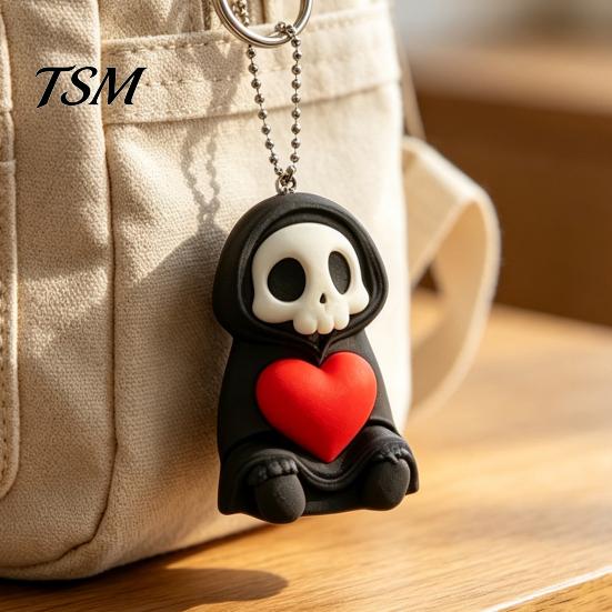 Grim Reaper Hanging Pendant Holding Heart Keychain Charm, 3D Printed Gothic Skull Decor with Ball Chain, Backpacks Bags Purse Decoration, Halloween