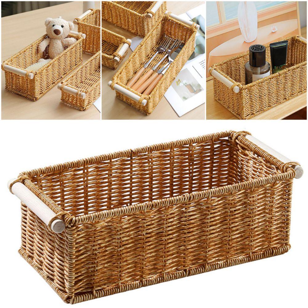 Creative Brown Storage Basket Woven Pattern Wood Handle Organizing Baskets Rectangle Sundries Organizer Bar Organizing