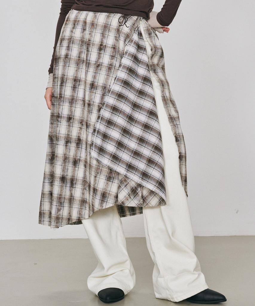 Dieomaidieo Check Drape Fringe Wrap Skirt (Brown)