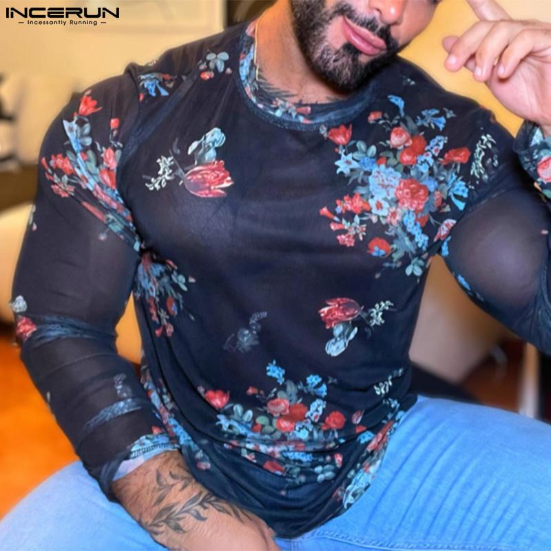 INCERUN Men Mockneck Long Sleeve Mesh Shirts Floral Printed Tops