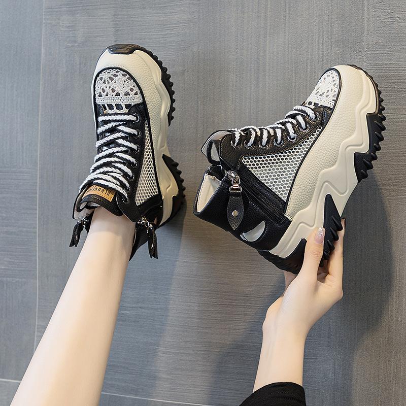 Women's summer 2025 new leather through the net dad shoes retro lightweight inner height increase casual sports shoes platform sandals