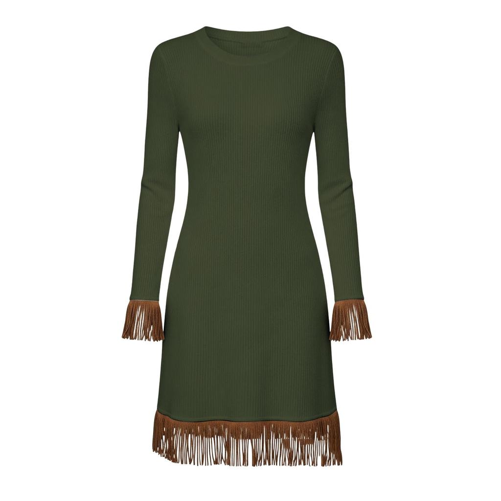 Women's Fashion Round Neck Knit Slim-Fit Fringe Casual Long-Sleeve Dress