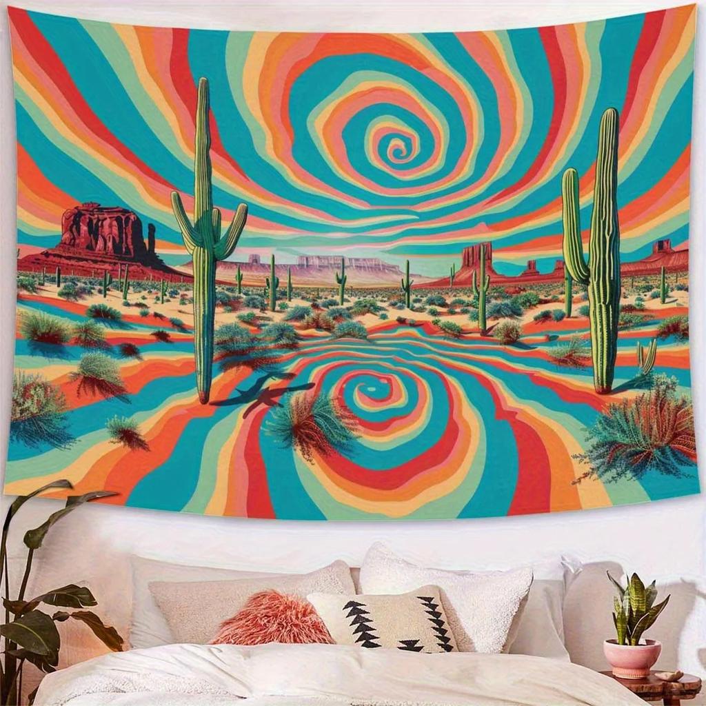 Psychedelic Cactus with colorful tiedye spiral tapestry Psychedelic hippie wall decor for living room bedroom room decor