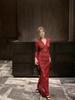 Red Slim Fit Long Sleeve Lace Dress - Spring/Summer Waist-Cinched Evening Gown with French Royal Elegance