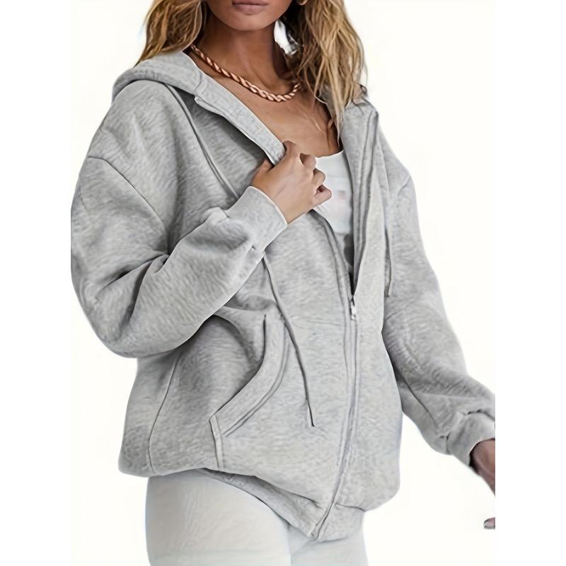 

Новая свободная флисовая толстовка с капюшоном на молнии, длинный рукав, кардиган, женская куртка, осень-зима, большие размеры, карманы, уличная одежда, однотонная одежда 1904 2XL светло-серый