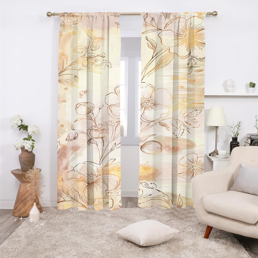 2PCS, Multicolor, Watercolor Floral Print with Gold Line Art Accents Curtains, for Bedroom and Living Room, Rod Pocket Style