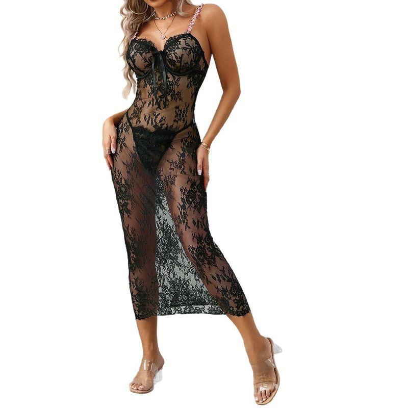 Outfitgirl 2025 New Arrival Black Lace See-through Home Long Dress Sling Dress Nightclub Nightclub