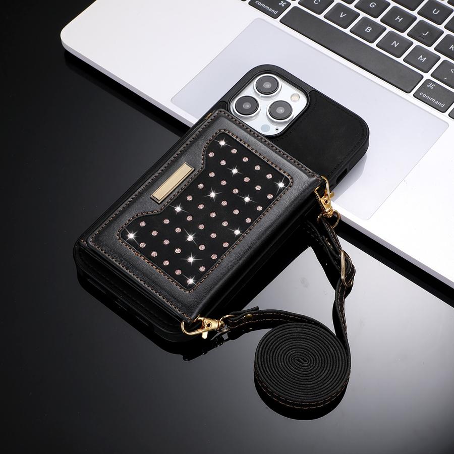 

Ослепительный сверкающий чехол для телефона с отделениями для карт для iPhone Samsung, стильный и функциональный чехол-кошелек с тремя отделениями и съемным ремешком через плечо Samsung A13 4G/5G чёрный