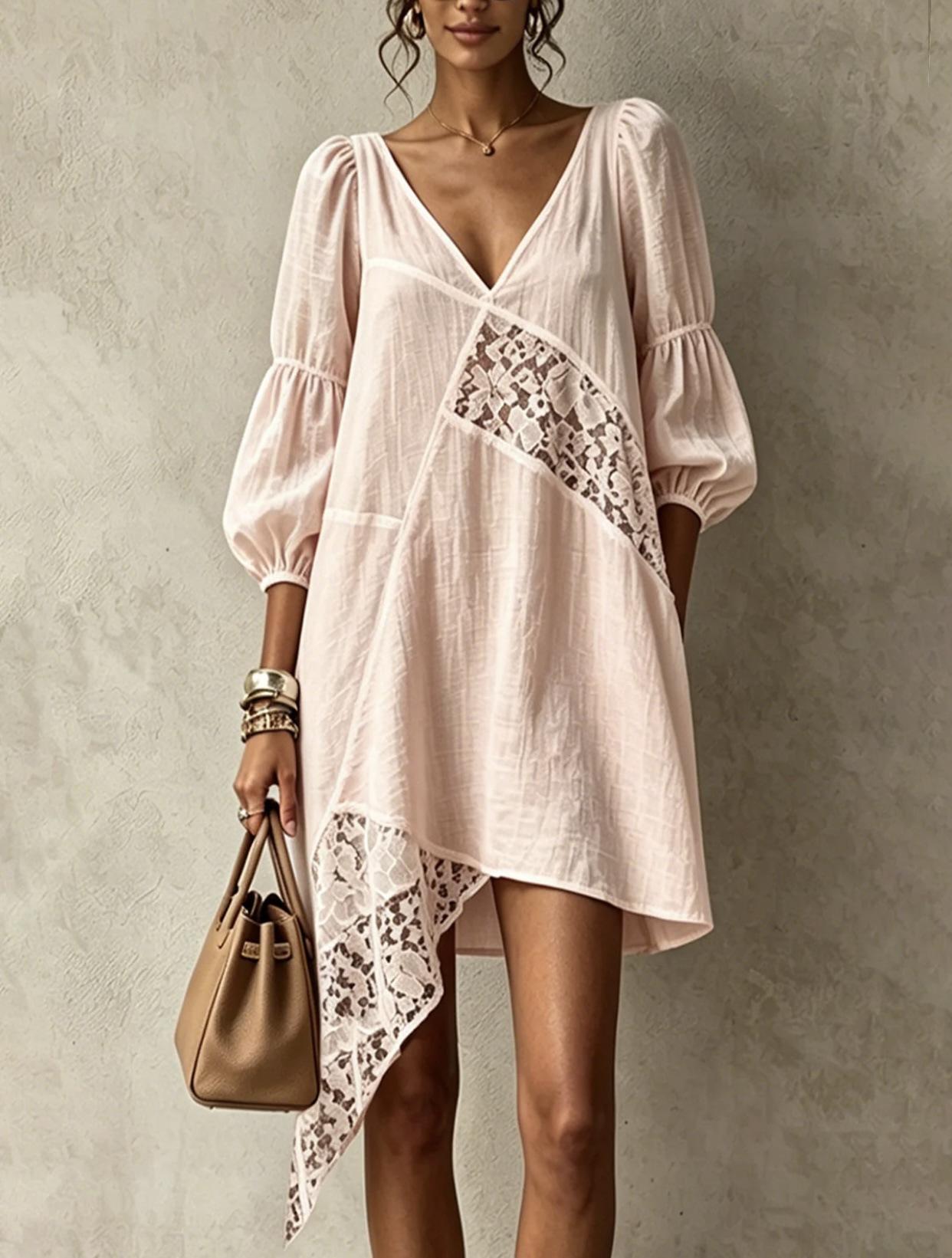 2026 European and American new loose hollow v-neck temperament dress S