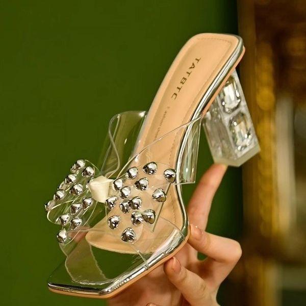 Rhinestone bow transparent semi-drag sandals women's 025 summer new outer wear crystal heel cool slippers lazy word drag