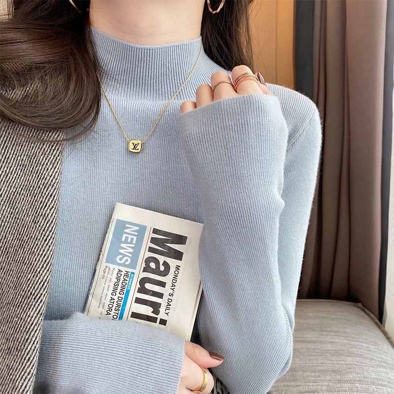 Women's Long-Sleeve Half-High Neck Base Layer Sweater for Spring and Autumn - Versatile Thin Knit Top for Inner Wear, Slim-Fit and Slimming