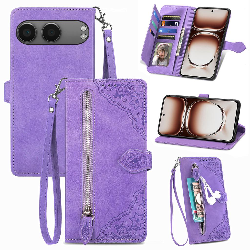 For OnePlus Nord 4 Zipper Wallet Case with Strap Flower Imprint PU Leather Phone Cover