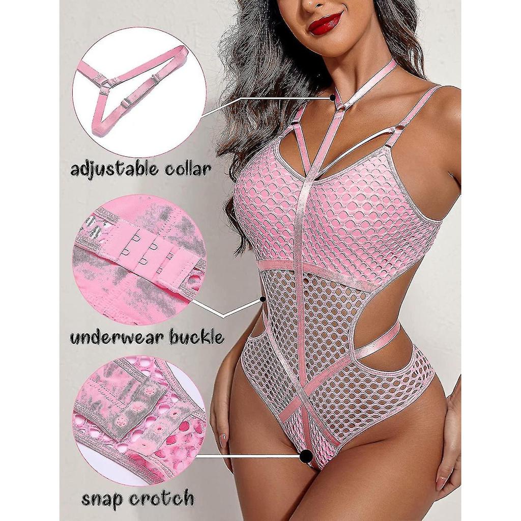 One Piece Sexy Bodysuits For Women Cut Out Babydoll Choker Lingerie Fishnet Leotard S-3xl - J