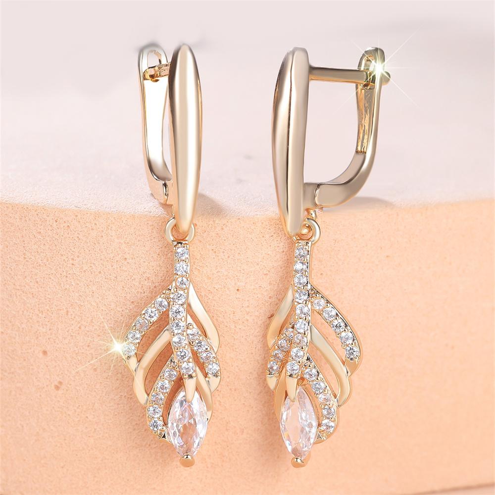 Water Drop Tassel White Zircon Leaf Pendant Hoop Earrings For Women Gold Color Ear Buckle Wedding Jewelry Engagement Party Gifts