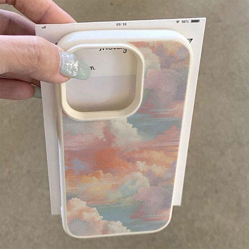 Creative Colorful Cloud Print Lychee Texture Phone Case, Suitable for iPhone 17, 16, 15, Plus, Pro, Max Series Phones—Can Be Used as a Gift