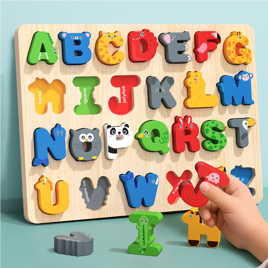 Holz Alphabet Puzzle Zuordnungsbrett, Buchstaben Zahlen Formensortierer Montessori Lernspielzeug für Kleinkinder 1-3 Jahre Geschenk